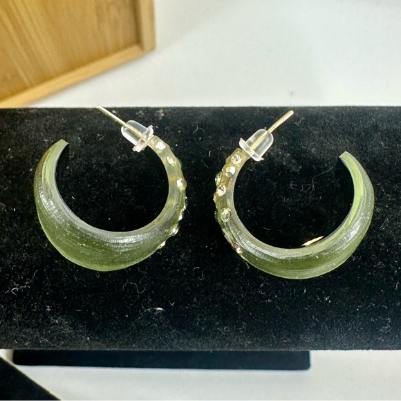 ALEXIS BITTAR  Army Olive Green Rhinestone Crystal Studded Lucite Hoop Earrings - Picture 5 of 10